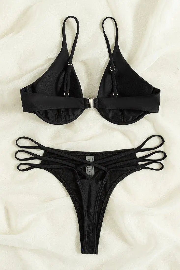 Black Strappy Sexy U Underwire Two Piece Thong Swimsuit  AMIClubwear