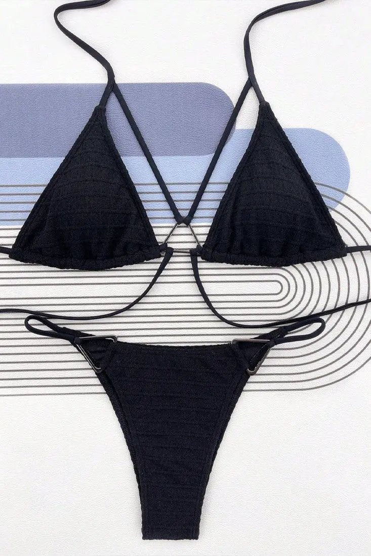 Black Textured Triangle Ring Strappy Cheeky 2Pc Sexy Swimsuit Bikini