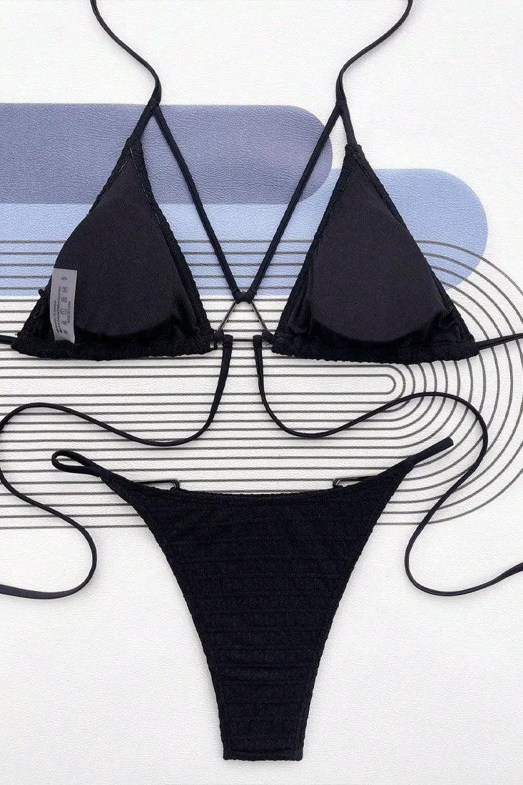 Black Textured Triangle Ring Strappy Cheeky 2Pc Sexy Swimsuit Bikini