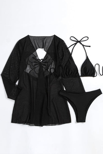 Black Triangle Cheeky Butterfly Cut Out Kimono Cover-Up 3 Pc Swimsuit Set - AMIClubwear