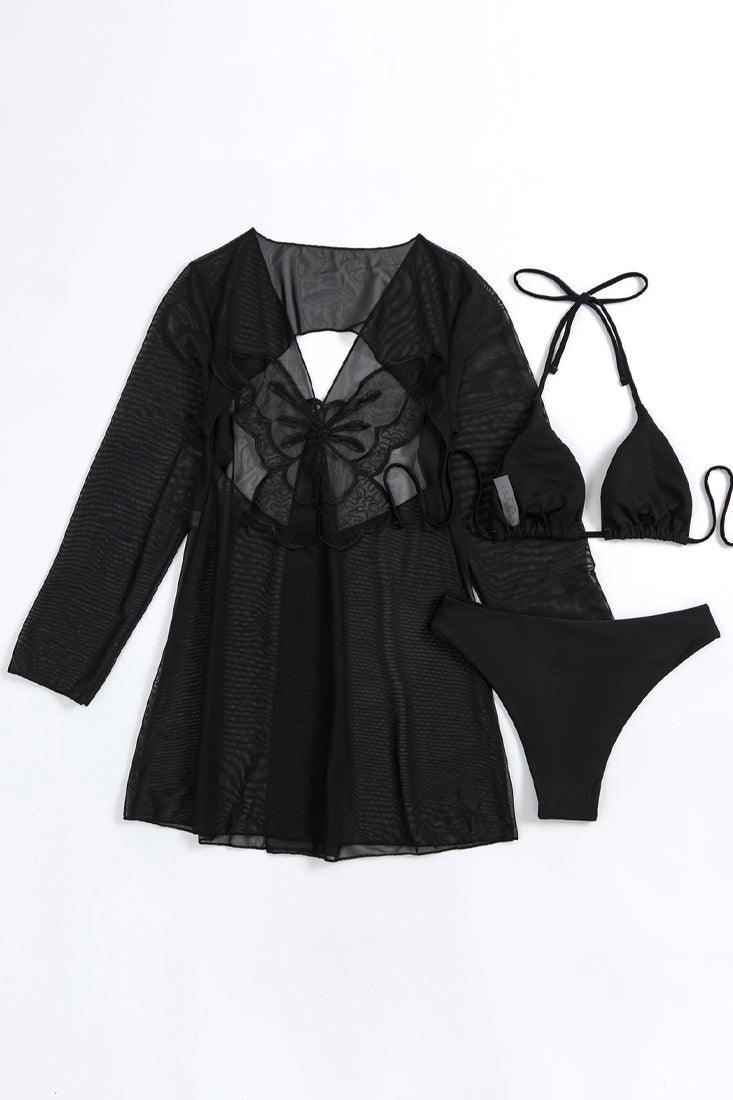 Black Triangle Cheeky Butterfly Cut Out Kimono Cover-Up 3 Pc Swimsuit Set - AMIClubwear