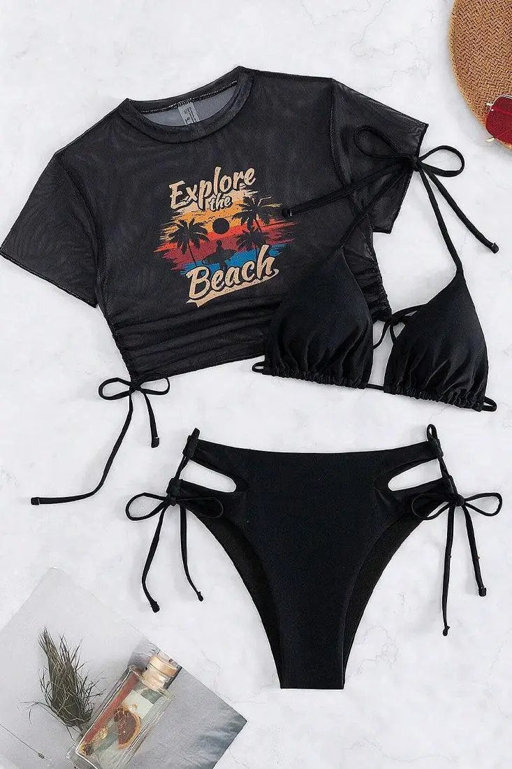 Black Triangle High Lace Up High Waist Mesh Top 3Pc Swimsuit Set