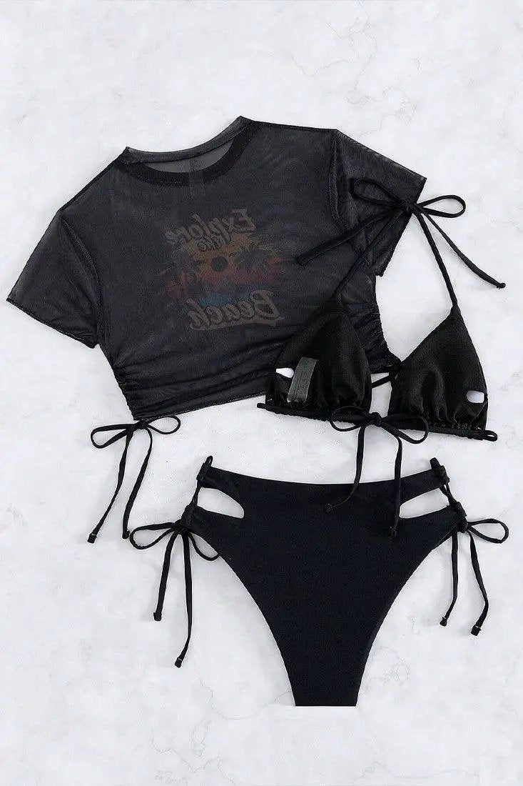 Black Triangle High Lace Up High Waist Mesh Top 3Pc Swimsuit Set