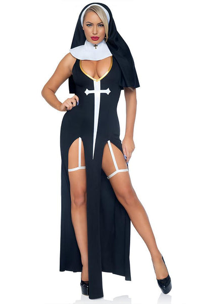 Black White Full Length High Slit 4 Pc Nun Costume - AMIClubwear