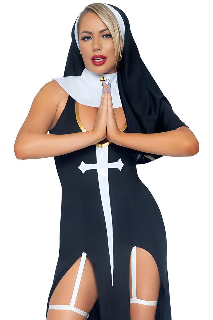 Black White Full Length High Slit 4 Pc Nun Costume - AMIClubwear