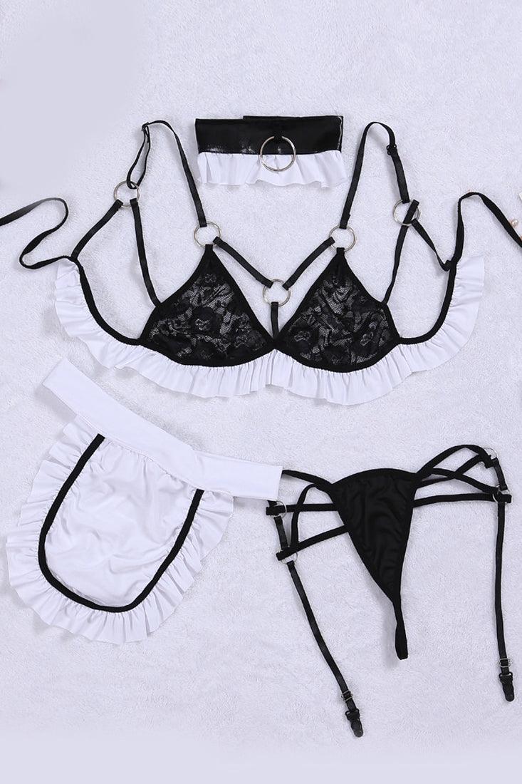 Black White Lace Strappy Garter 4 Pc Maid Ultra Sexy Costume – AMIClubwear