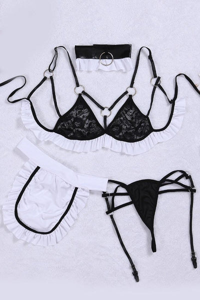 Black White Lace Strappy Garter 4 Pc Maid Ultra Sexy Costume - AMIClubwear