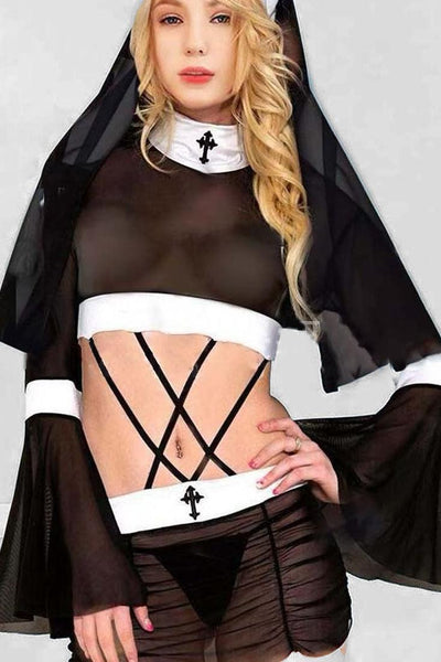 Black White Long Sleeves Sheer Mesh 3 Pc Nun Costume - AMIClubwear