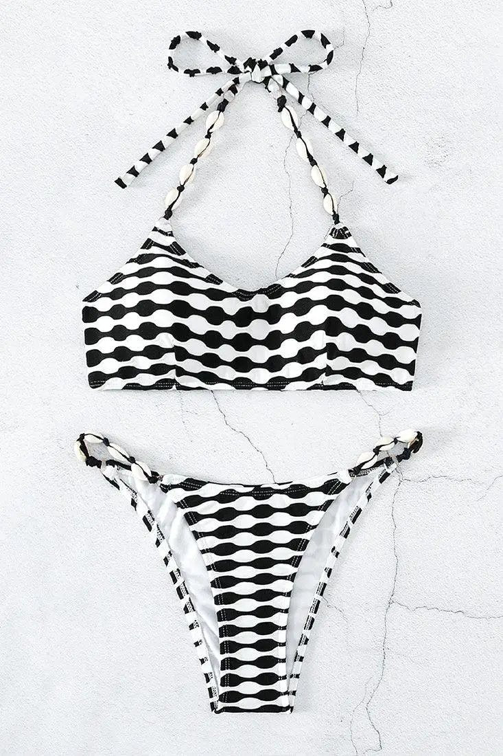 Black White Sea Shell Strap Sexy Cheeky 2Pc Swimsuit Set