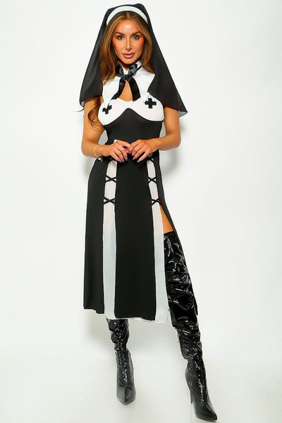 Black White Sexy Nun High Slit 5 Pc Costume - AMIClubwear