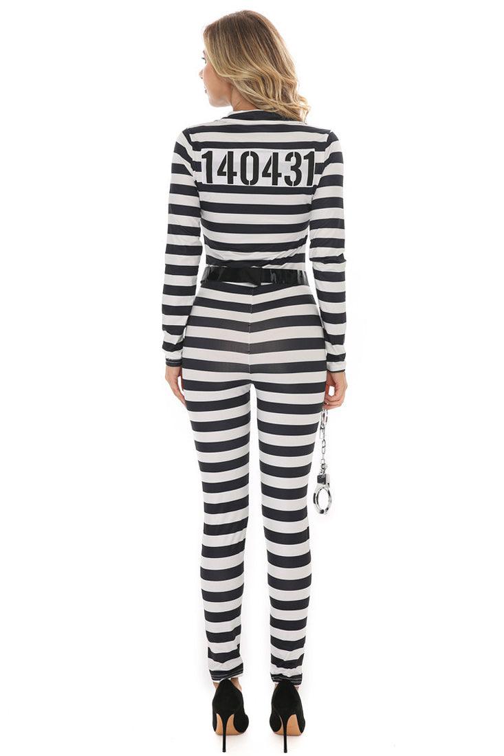 Black White Stripe 3 Pc Prisoner Inmate Costume - AMIClubwear