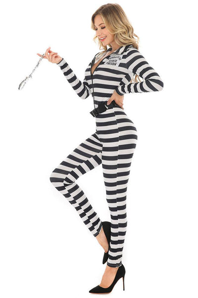 Black White Stripe 3 Pc Prisoner Inmate Costume - AMIClubwear