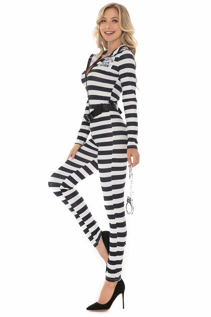 Black White Stripe 3 Pc Prisoner Inmate Costume - AMIClubwear