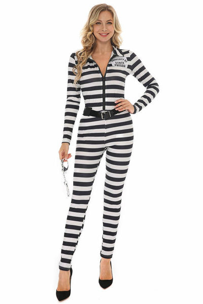 Black White Stripe 3 Pc Prisoner Inmate Costume - AMIClubwear