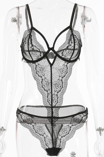 Black Wired Lace Thong Lingerie Set Bodysuit - AMIClubwear