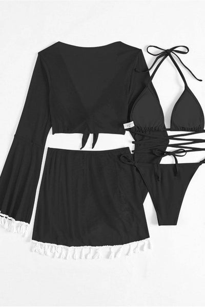 Black Wrap Around Triangle Top Tassel Trim Cover Up 4 Pc Bikini Set - AMIClubwear