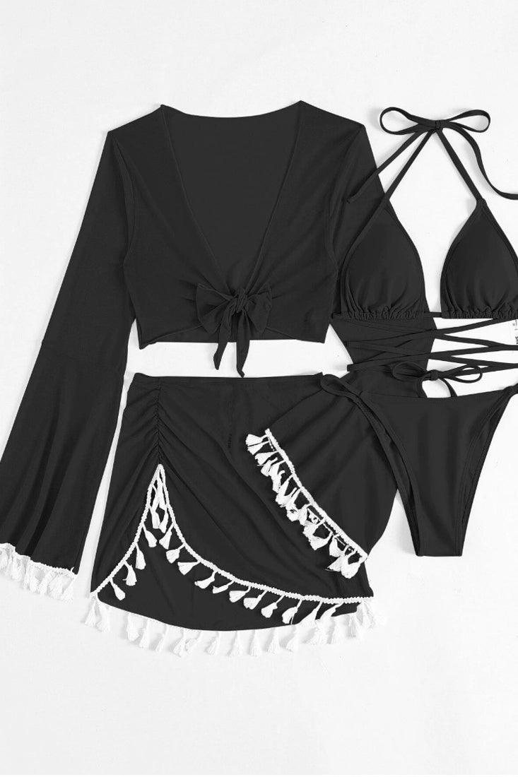 Black Wrap Around Triangle Top Tassel Trim Cover Up 4 Pc Bikini Set - AMIClubwear