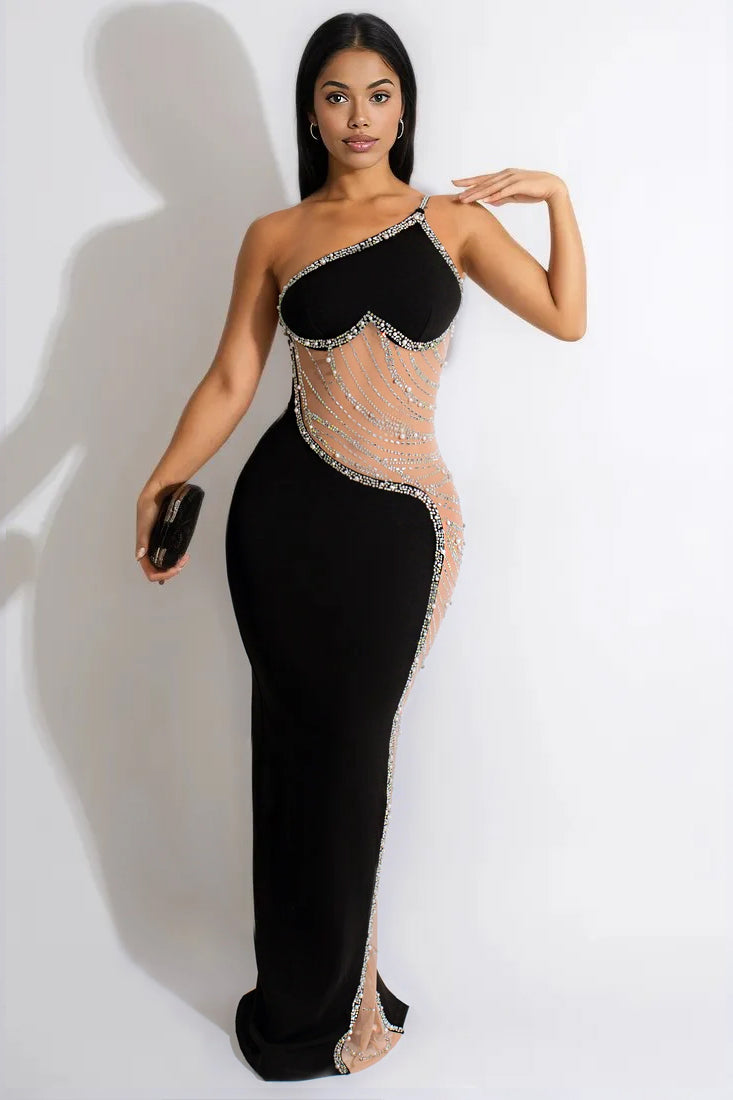 Black Heart Shaped Rhinestone Pearl Nude Mesh One Shoulder Full Length Formal Dress