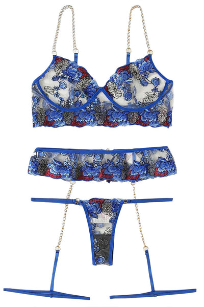 Blue Floral Embroidered Chain Thong 3pc Lingerie Set Intimates - AMIClubwear