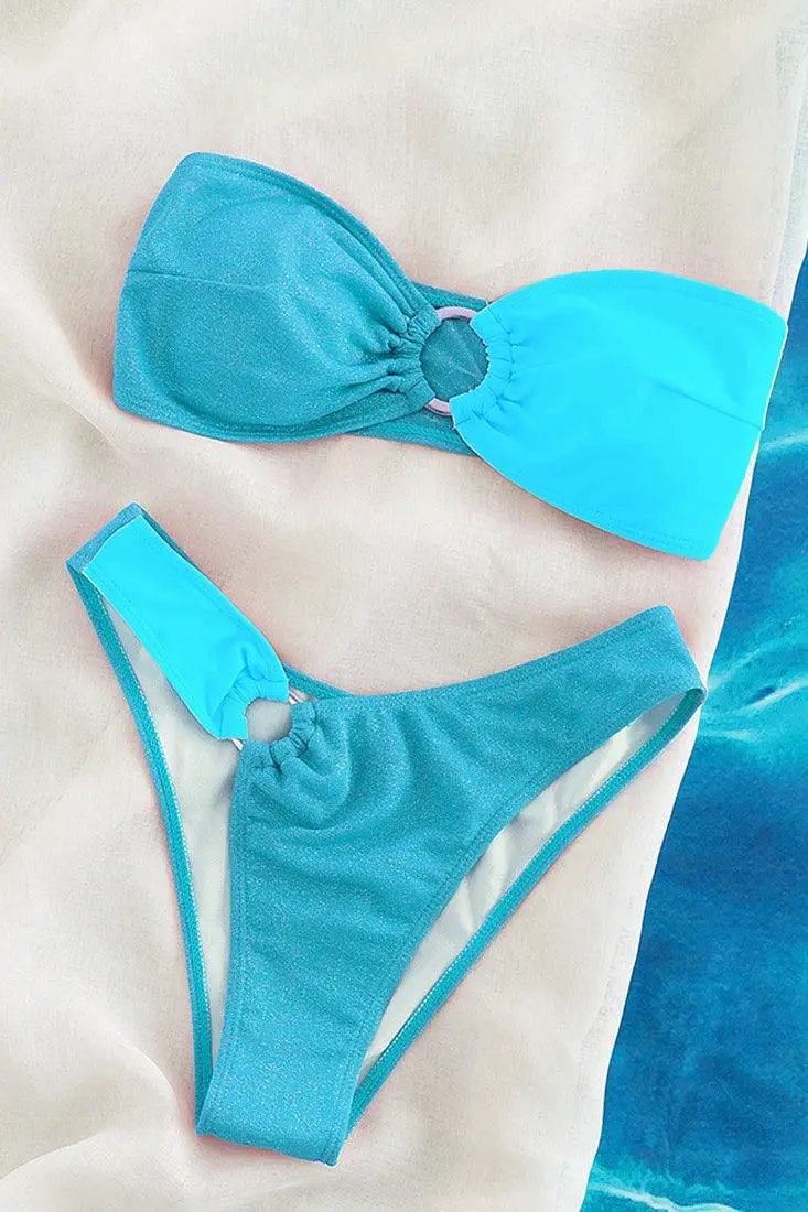 Blue Glitter O-RIng Bandeau Cheeky 2Pc Sexy Swimsuit Set Bikini