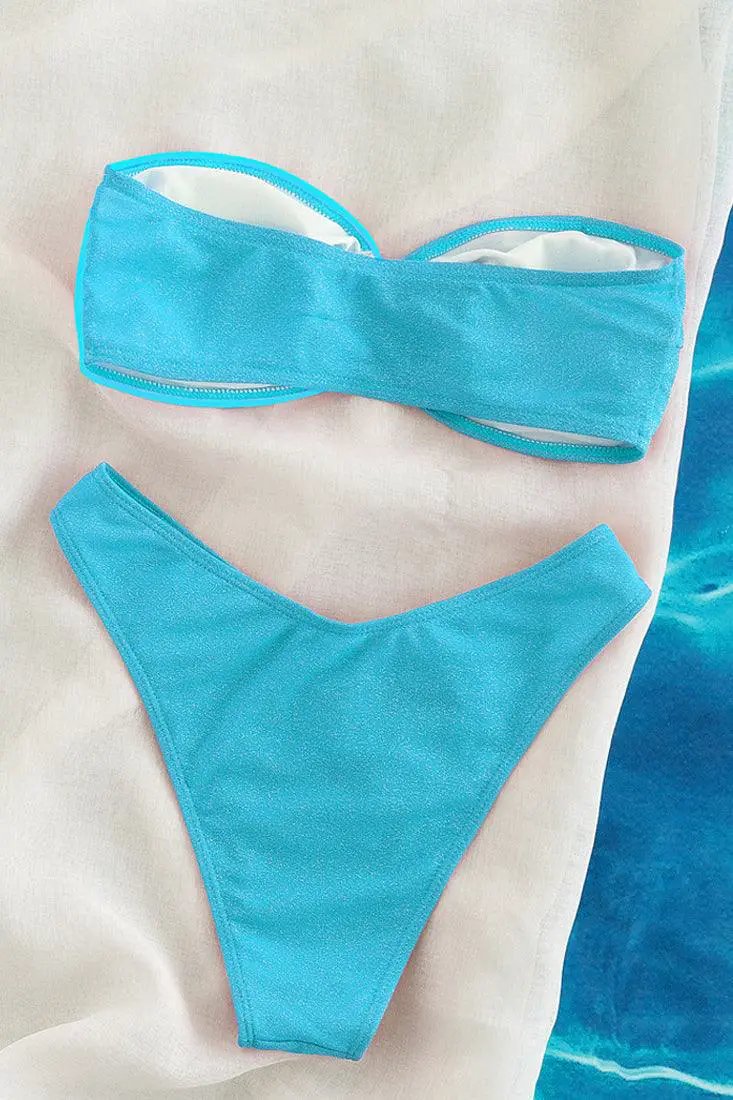 Blue Glitter O-RIng Bandeau Cheeky 2Pc Sexy Swimsuit Set Bikini