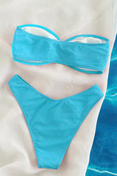 Blue Glitter O-RIng Bandeau Cheeky 2Pc Sexy Swimsuit Set Bikini - AMIClubwear