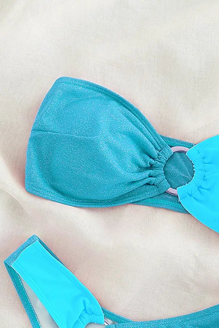 Blue Glitter O-RIng Bandeau Cheeky 2Pc Sexy Swimsuit Set Bikini