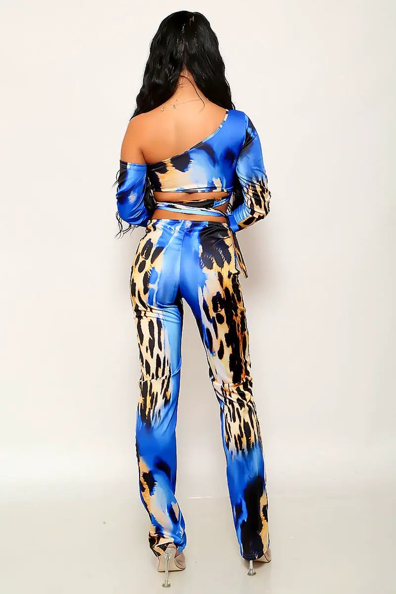 Blue Leopard Print Bell Long Sleeve Strappy 2Pc Sexy Pants Outfit
