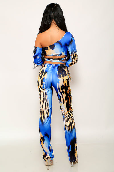 Blue Leopard Print Bell Long Sleeve Strappy 2Pc Sexy Pants Outfit
