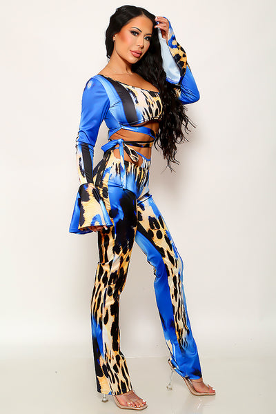 Blue Leopard Print Bell Long Sleeve Strappy 2Pc Sexy Pants Outfit