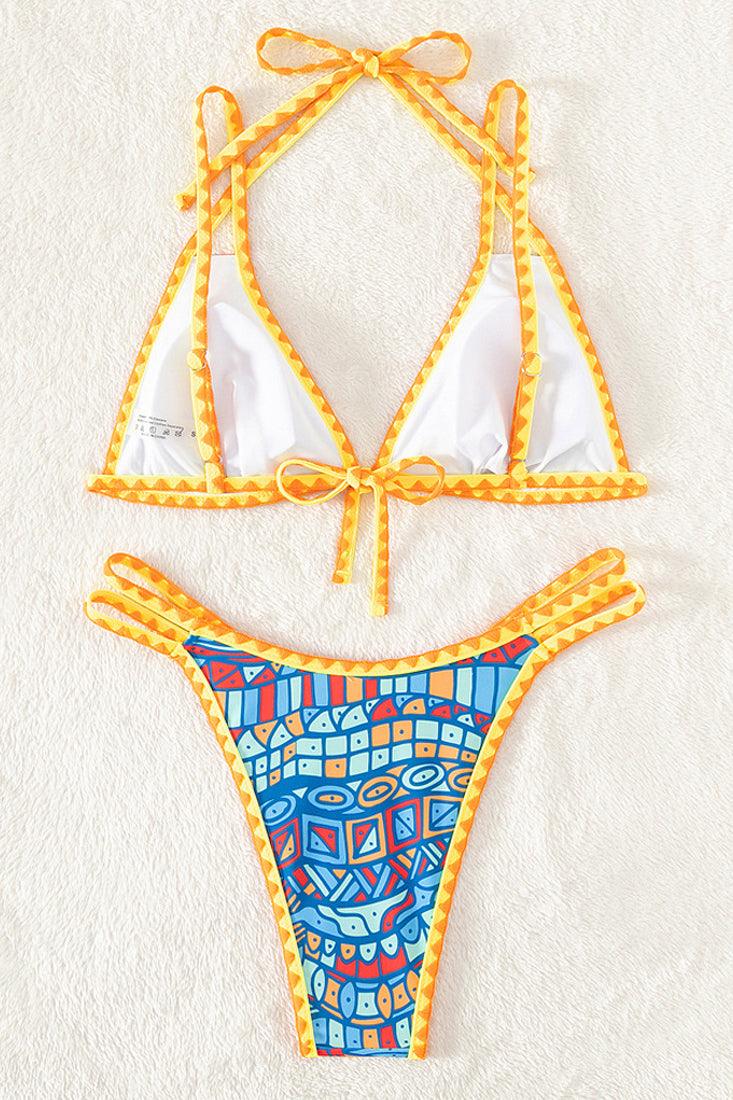 Blue Print Orange Crochet Trim Triangle Cheeky 2Pc Swimsuit Set Micro Bikini - AMIClubwear