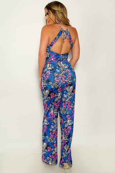 Blue Printed Strapless Backless Wide Legged Jumpsuit Outfit - AMIClubwear