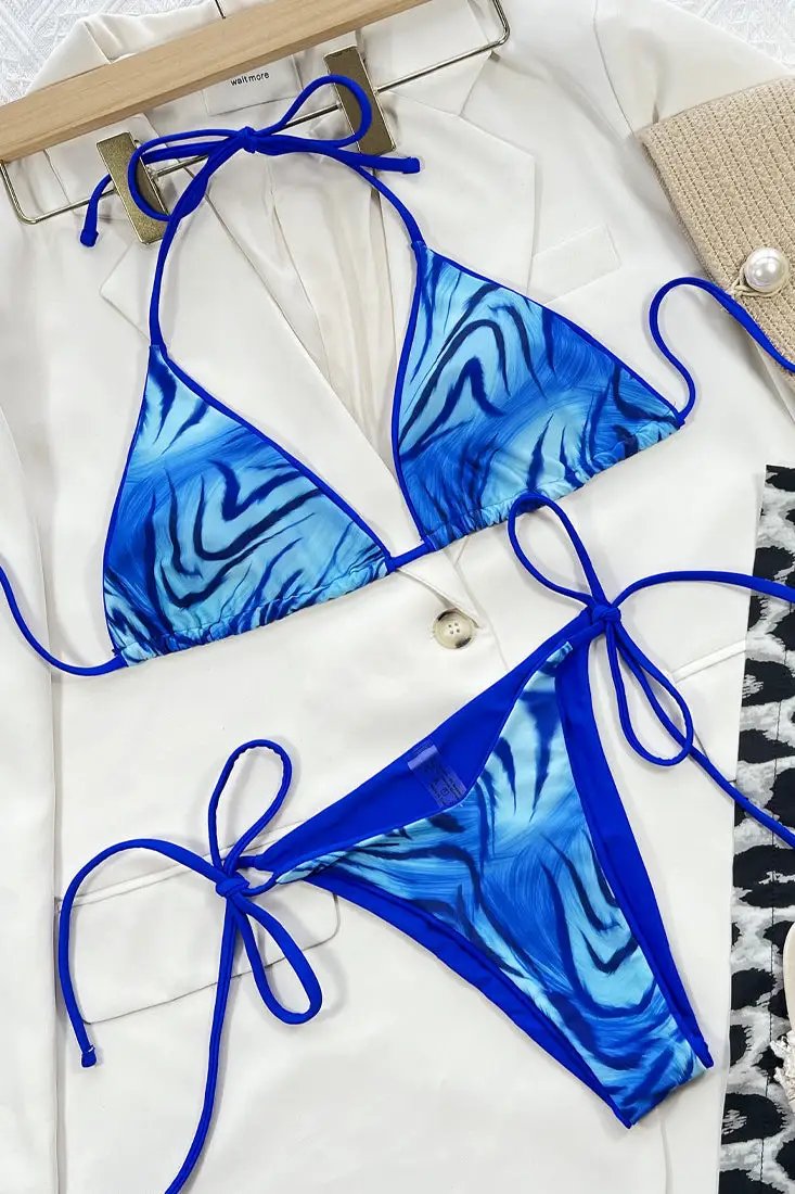 Blue Printed Triangle Cheeky 2pc Swimsuit Sexy Bikini