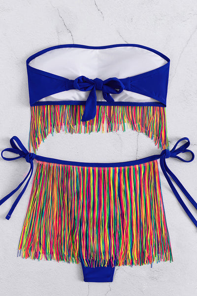 Blue Rainbow Fringe Strapless 2pc Cheeky Swimsuit Bikini - AMIClubwear