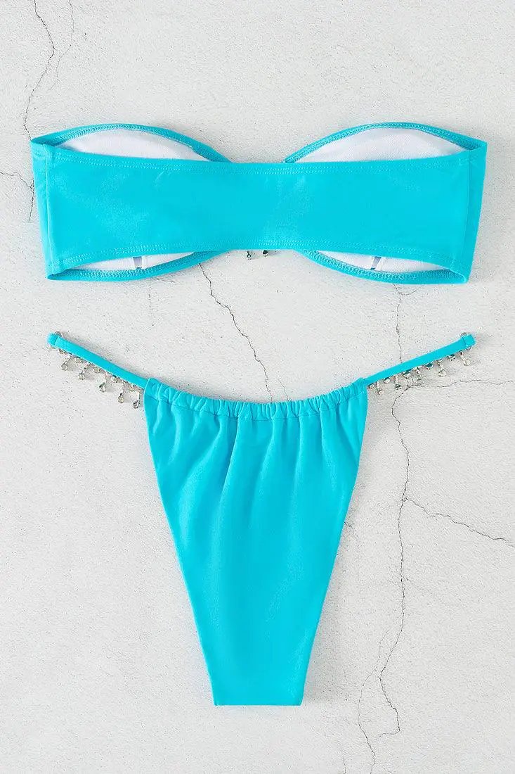 Blue Strapless Rhinestones Draw String Ultra Cheeky 2Pc Swimsuit Set