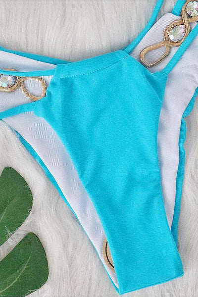 Blue Strappy Big Rhinestones Cut-Out Cheeky 2Pc Swimsuit Bikini - AMIClubwear
