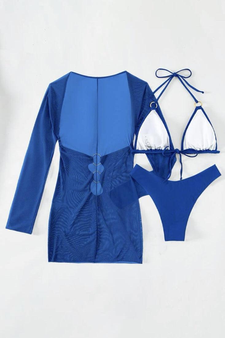 Blue Triangle Cheeky Cut-Out O-Ring Mesh Dress Cover-Up 3Pc Swimsuit Set - AMIClubwear