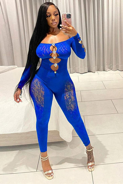 Sexy Royal Blue Mesh Front Button Bodysuit - AMIClubwear