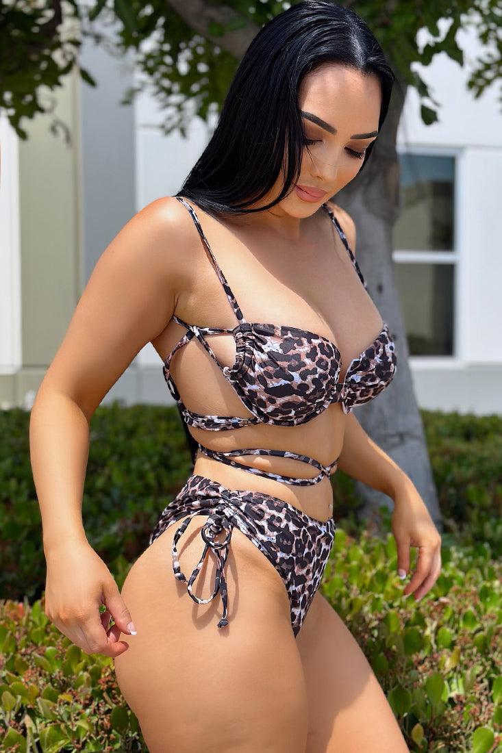 Bold Leopard Print 2pc Bikini With Multi Tie Straps - AMIClubwear