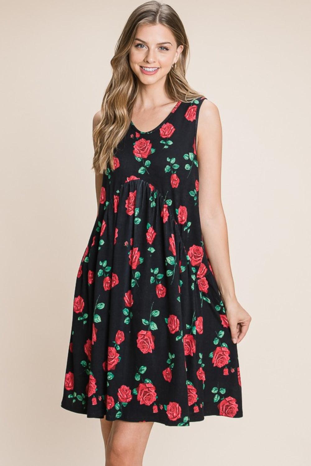 BOMBOM Floral Ruched Tank Dress - AMIClubwear