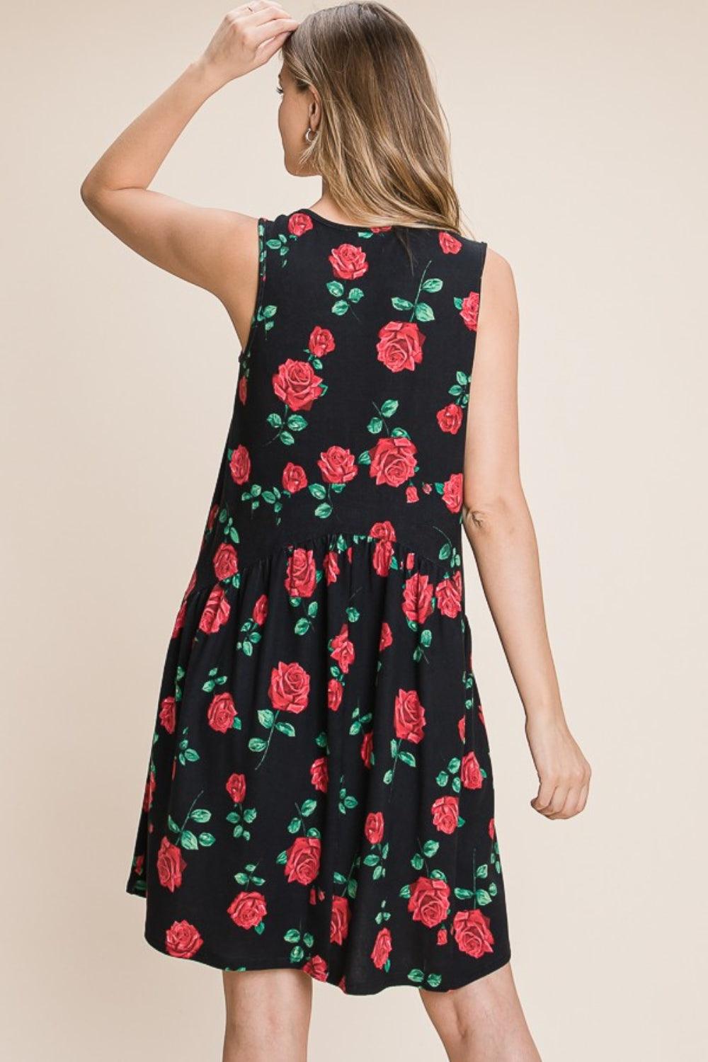 BOMBOM Floral Ruched Tank Dress - AMIClubwear