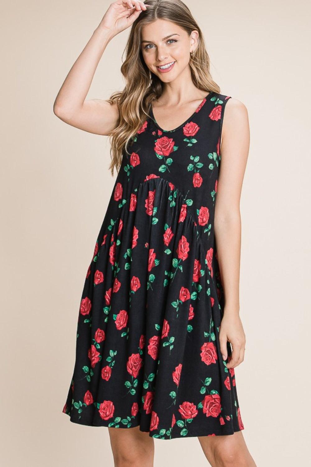 BOMBOM Floral Ruched Tank Dress - AMIClubwear