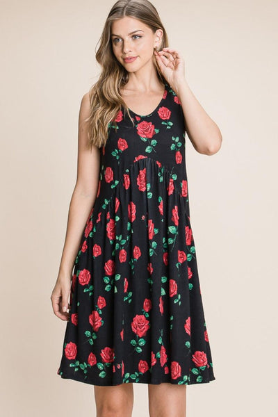 BOMBOM Floral Ruched Tank Dress - AMIClubwear