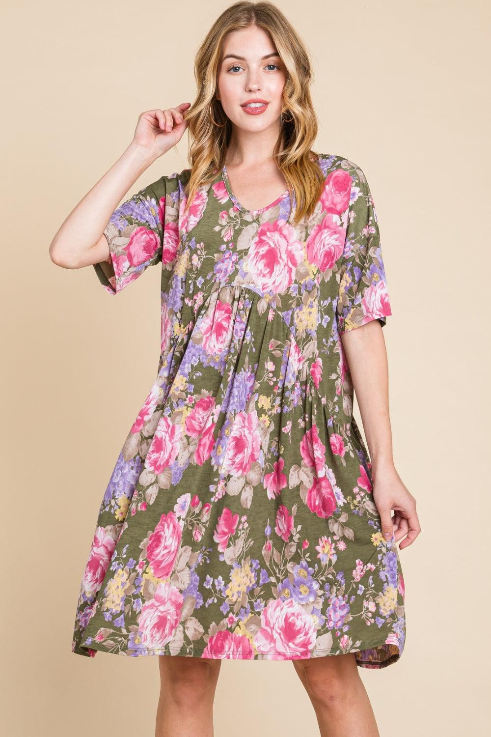 BOMBOM Flower Print V-Neck Ruched Dress - AMIClubwear