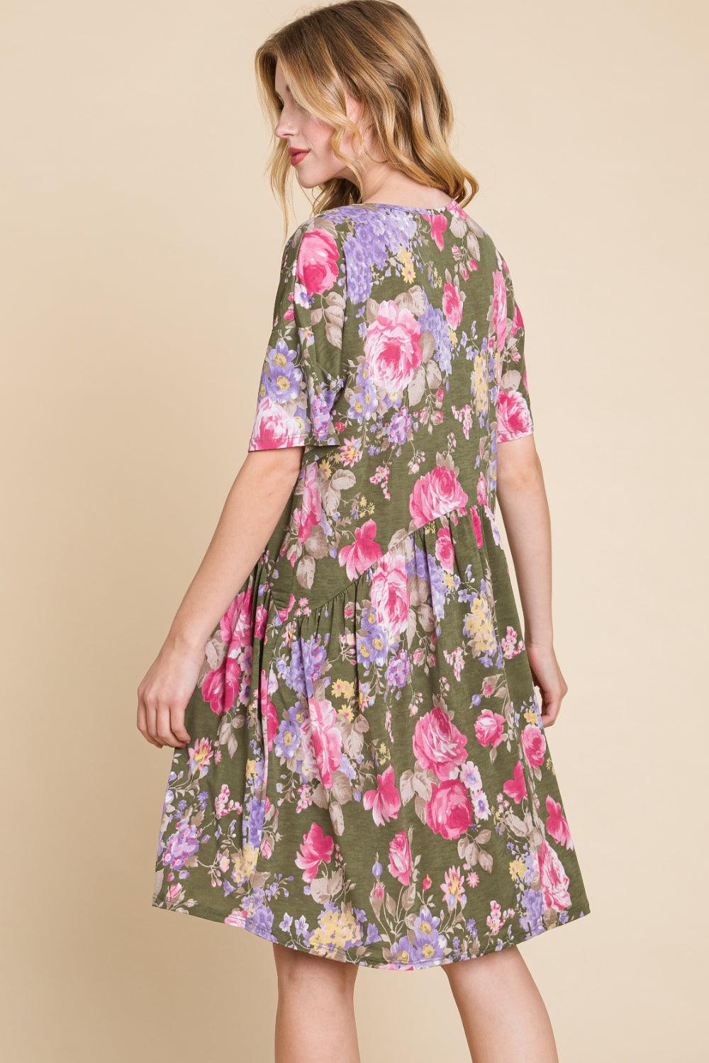 BOMBOM Flower Print V-Neck Ruched Dress - AMIClubwear