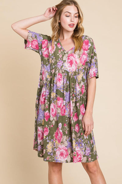 BOMBOM Flower Print V-Neck Ruched Dress - AMIClubwear