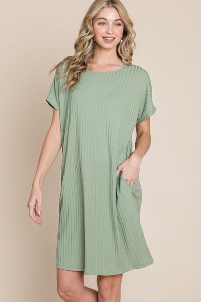 BOMBOM Ribbed Round Neck Short Sleeve Dress - AMIClubwear