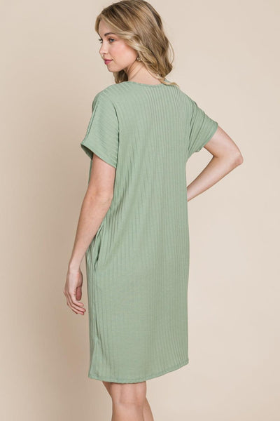 BOMBOM Ribbed Round Neck Short Sleeve Dress - AMIClubwear