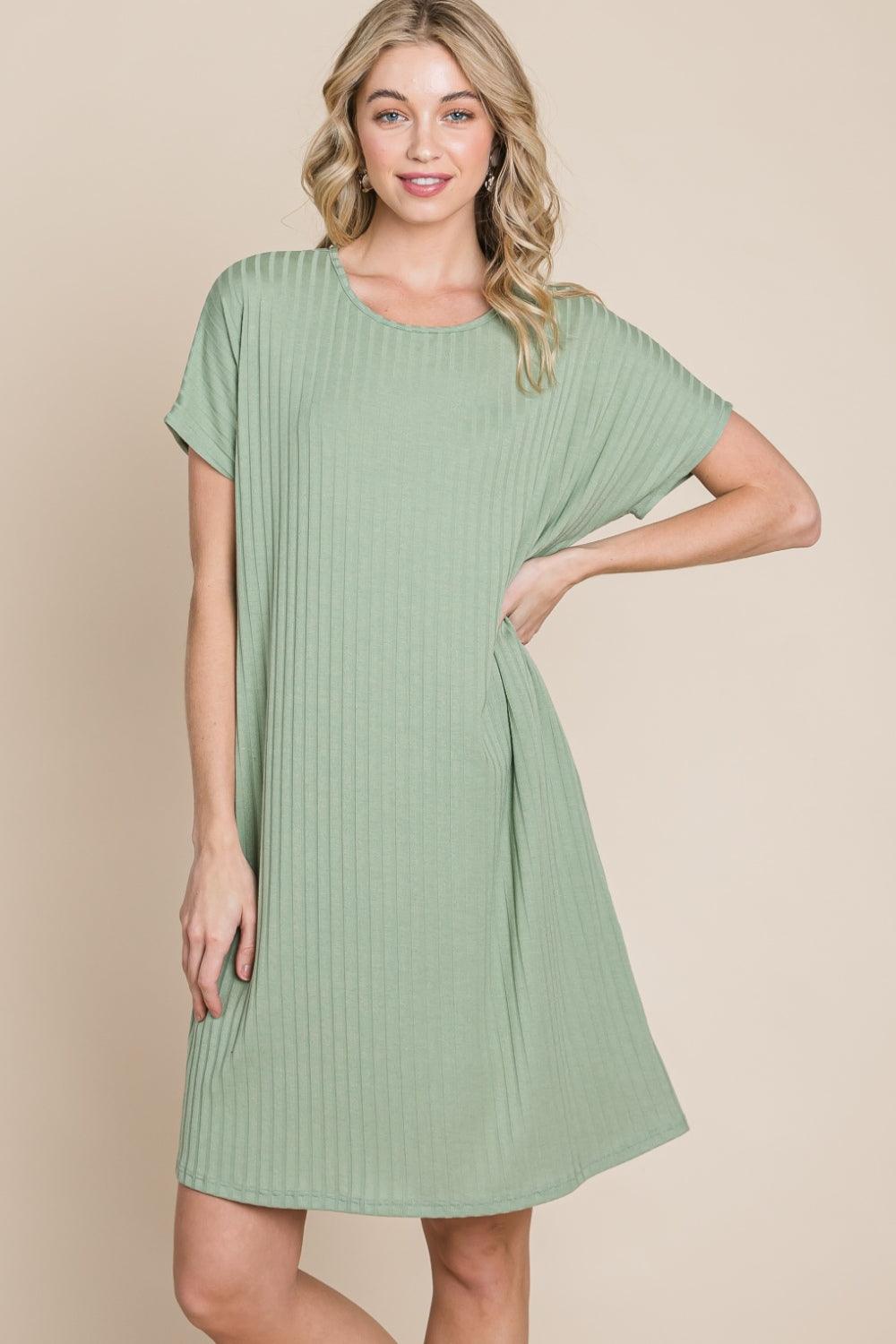 BOMBOM Ribbed Round Neck Short Sleeve Dress - AMIClubwear