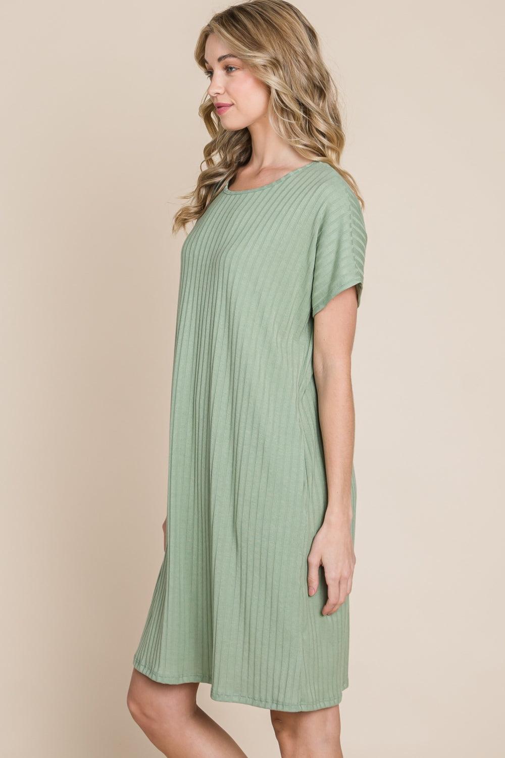 BOMBOM Ribbed Round Neck Short Sleeve Dress - AMIClubwear